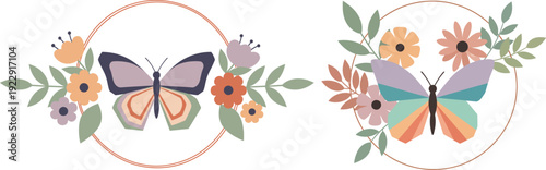 Two colorful butterflies surrounded by flowers in oval frames on white background