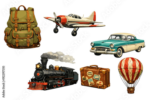 A collection of vintage travel illustrations including a green backpack, a propeller airplane, a classic car, a steam train, a suitcase with stickers, and a hot air balloon.