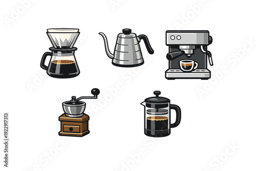 A collection of five coffee brewing equipment icons including a pour-over dripper, gooseneck kettle, espresso machine, manual grinder, and French press on a black background.
