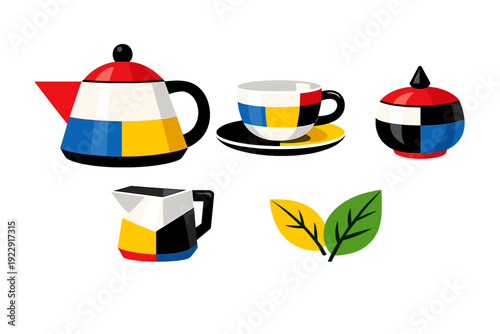 A collection of tea service items including a teapot, teacup, sugar bowl, and creamer, featuring a geometric design with primary colors and black accents on a dark background.
