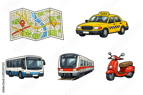 A collection of transportation illustrations including a folded map with pins, a yellow taxi, a city bus, a passenger train, and a red scooter, all set against a black background.