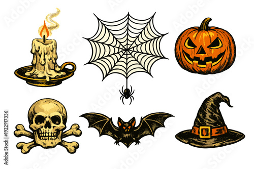 A collection of vintage-style Halloween illustrations featuring a melting candle, a spider web, a carved pumpkin, a skull with crossbones, a flying bat, and a witch hat on a black background.