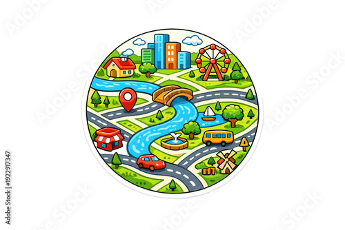 A colorful cartoon illustration of a circular city map featuring various landmarks like a Ferris wheel, windmill, and skyscrapers connected by winding roads and a blue river.