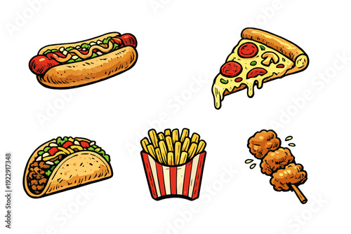 Hand-drawn fast food icons featuring a hot dog, pepperoni pizza, taco, french fries, and fried chicken skewer. The colorful illustrations are isolated on a dark black background.
