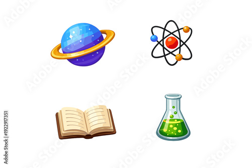 A collection of four glossy 3D icons representing science and education, featuring a ringed planet, an atomic model, an open book, and a laboratory flask with green liquid.