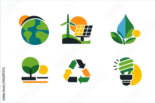A collection of six flat vector icons representing environmental sustainability, featuring a globe, wind turbine, solar panel, water drop, tree, recycle symbol, and energy-saving bulb.