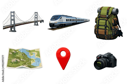 A collection of travel and adventure icons including a suspension bridge, a modern train, a hiking backpack, a folded map, a red location pin, and a digital camera on a black background.
