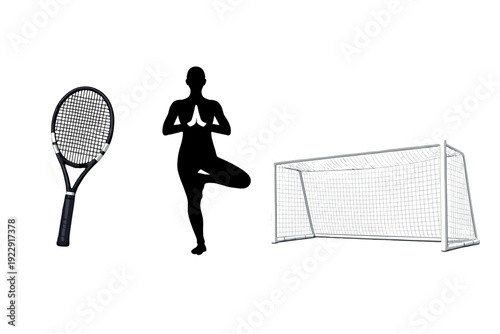 A black tennis racket and a white soccer goal are positioned on a solid black background. The image displays two different sports equipment items side by side in a clean layout.