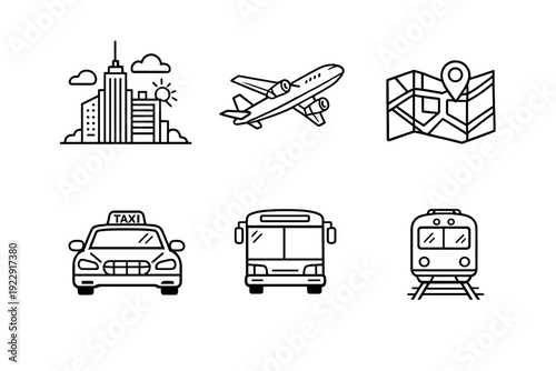 A collection of six white line art icons on a black background representing travel and transportation, including a city skyline, airplane, map, taxi, bus, and train.