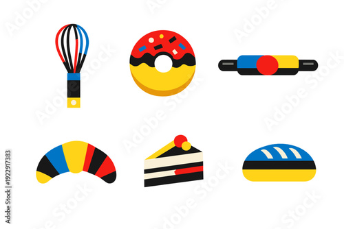 A collection of six minimalist baking and pastry icons featuring a whisk, donut, rolling pin, croissant, cake slice, and bread loaf in a bold primary color palette on a black background.