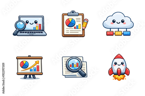 Six kawaii business icons including a smiling laptop, clipboard with charts, cloud computing, presentation stand, magnifying glass over data, and a launching rocket on a black background.