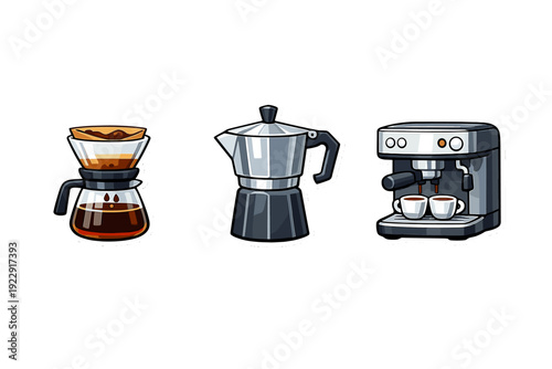 A collection of three coffee brewing equipment stickers featuring a pour-over carafe, a classic moka pot, and an espresso machine with two cups, all set against a black background.