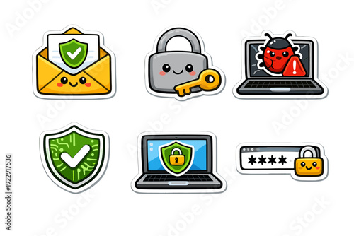 Six kawaii cybersecurity stickers featuring a smiling envelope, a padlock with a key, a laptop with a virus bug, a green shield, and a password field on a dark background.