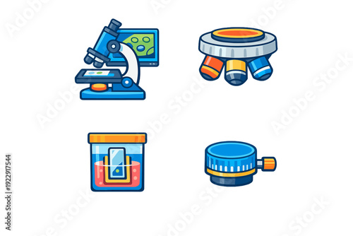 A set of four colorful science icons featuring a blue microscope with a digital screen, objective lenses, a specimen container, and a focus adjustment knob on a black background.