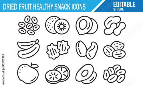 Dried fruit and healthy snack line icons set. Vector illustration with editable stroke of apricot, apple, banana, kiwi, date, fig, raisin, prune, and pineapple.