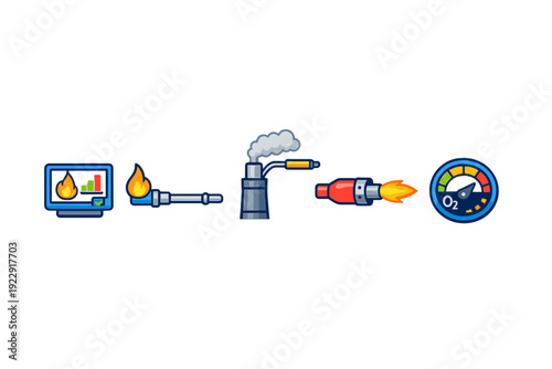 A set of five industrial icons representing combustion monitoring, including a digital display, gas burners, an industrial chimney with a sensor, and an oxygen level gauge.
