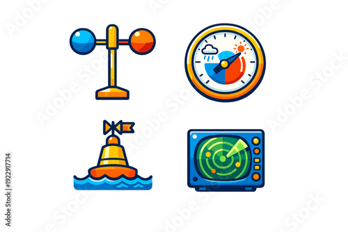 A collection of four colorful icons representing weather and navigation tools, including an anemometer, a barometer, a floating sea buoy, and a radar screen on a black background.
