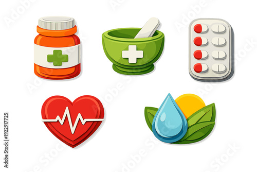 A collection of five stylized medical and health icons including a pill bottle, mortar and pestle, blister pack, heart with heartbeat line, and a water drop with leaves and sun.