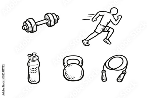 A collection of white hand-drawn fitness icons on a black background, featuring a dumbbell, a running person, a water bottle, a kettlebell, and a jump rope for workout themes.