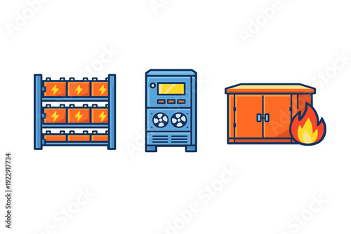 A flat vector illustration featuring a battery storage rack, a power inverter unit, and an orange electrical cabinet with a fire symbol, representing energy safety and equipment.