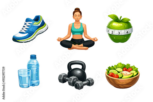 A collection of six health and fitness icons including a running shoe, a woman practicing yoga, a green apple with a measuring tape, water, gym weights, and a fresh salad bowl.