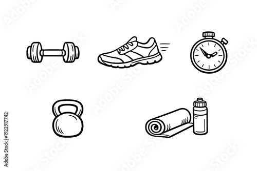 A collection of white line art icons on a black background featuring a dumbbell, running shoe, stopwatch, kettlebell, rolled-up yoga mat, and a water bottle for fitness themes.