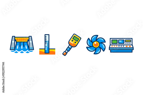 A set of five colorful icons representing hydroelectric power and water management, including a dam, water level gauge, digital meter, turbine, and a control panel on a black background.