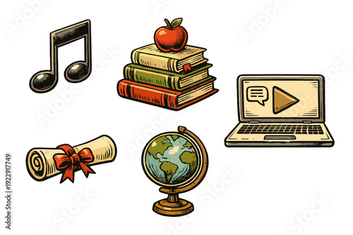 A collection of vintage-style educational icons including a music note, a stack of books with an apple, a laptop, a rolled diploma with a red ribbon, and a globe on a stand.