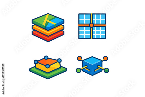 A set of four isometric icons representing data mapping, network grids, and 3D modeling concepts. The colorful graphics feature bold outlines on a solid black background.