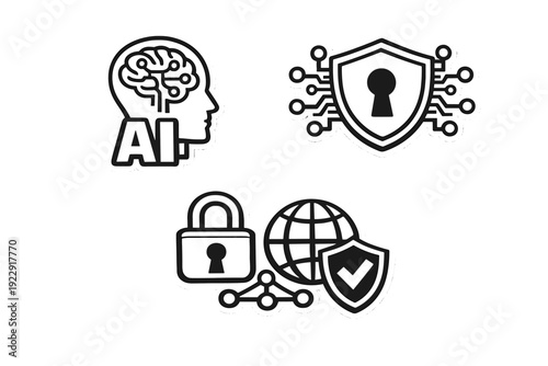 Three black and white icons representing artificial intelligence, cybersecurity, and global data protection are displayed on a dark background with a sticker style white border.