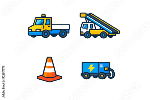 A set of four flat vector icons featuring airport ground support equipment, including a utility truck, a belt loader, a traffic cone, and a mobile power generator unit.
