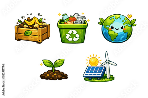 A collection of five colorful cartoon icons representing environmental sustainability, including a compost bin, a recycling container, a cute earth globe, a sprout, and renewable energy sources.