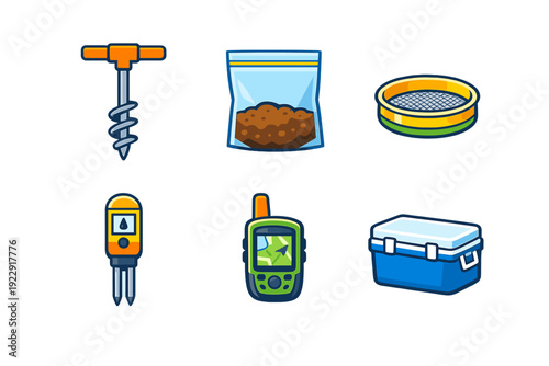 A collection of six colorful icons representing soil sampling equipment, including an auger, sample bag, sieve, moisture meter, GPS device, and a cooler box on a black background.