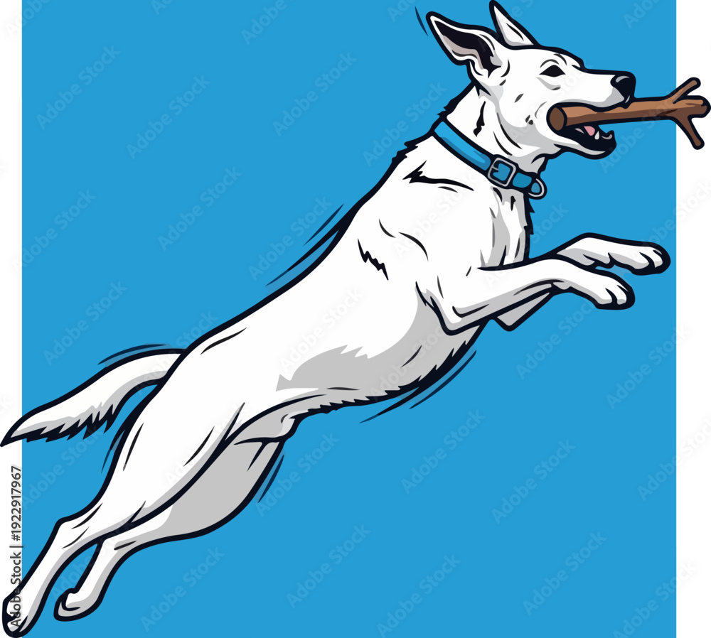 Obraz premium White dog jumping in the air with a stick in its mouth.