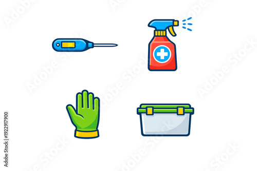 A collection of medical and safety icons including a digital thermometer, a disinfectant spray bottle, a green protective glove, and a first aid storage box on a black background.