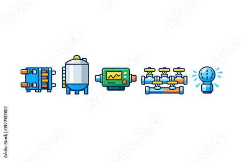 A set of five colorful industrial equipment icons including a heat exchanger, storage tank, monitor, manifold valves, and a spray nozzle, isolated on a black background.