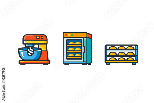 A set of three colorful flat icons featuring professional bakery equipment including a stand mixer, a commercial oven with bread, and a cooling rack filled with fresh loaves.