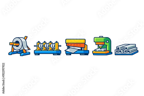 A sequence of five colorful flat icons depicting the industrial metal manufacturing process, from raw steel coils to finished structural profiles on a black background.