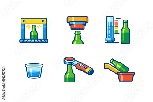 A set of six colorful flat icons illustrating various stages of a beverage bottling process, including filling, capping, quality testing, and opening a green glass bottle.