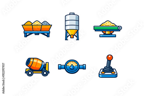 This collection of six flat vector icons features industrial equipment for concrete production, such as a cement silo, mixer truck, aggregate bins, and a control joystick.