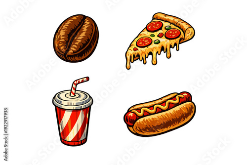 A collection of four food and drink illustrations featuring a coffee bean, a slice of pepperoni pizza, a striped soda cup with a straw, and a hot dog with mustard on a black background.