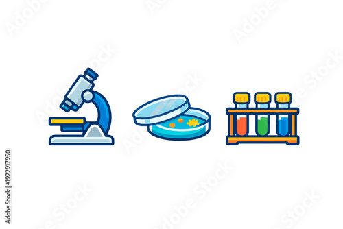 A vector illustration featuring three laboratory icons: a blue microscope, a petri dish with specimens, and a rack holding three test tubes with colorful liquids on a black background.