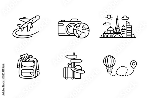 A collection of six minimalist white line art icons representing travel and tourism, including an airplane, camera, globe, city landmarks, backpack, suitcase, and hot air balloon.