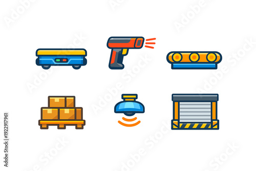 This set of six stylized icons illustrates modern logistics and warehouse technology, featuring an automated vehicle, scanner, conveyor, palletized boxes, sensor, and loading dock.