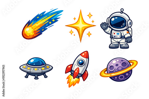 A collection of six colorful space-themed cartoon icons featuring an astronaut, a rocket, a UFO, a ringed planet, a comet, and a star, all set against a solid black background.