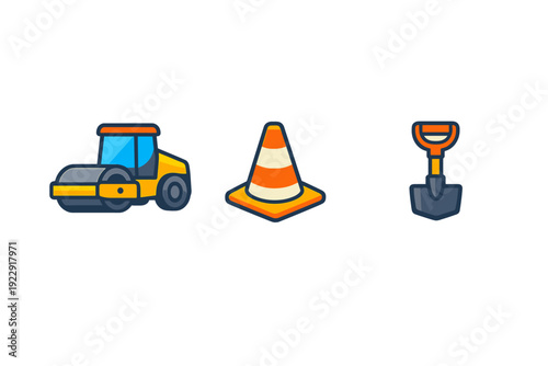 This set of three construction icons includes a yellow steamroller, an orange and white traffic cone, and a shovel, designed in a flat vector style against a solid black background.