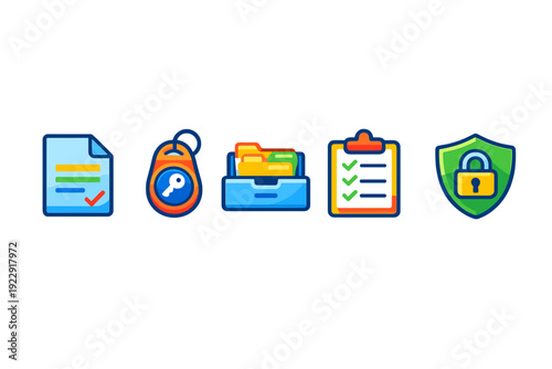 A set of five colorful icons representing data security and organization, including a document, a key fob, a file drawer, a checklist, and a shield with a padlock on a black background.