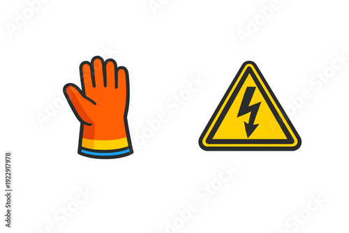An illustration of an orange electrical safety glove next to a yellow high voltage warning sign with a lightning bolt symbol, set against a solid black background for high contrast.