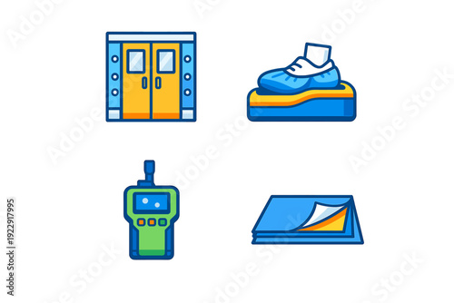 A set of four flat vector icons representing cleanroom equipment including an air shower door, a shoe cover machine, a handheld particle counter, and a sticky floor mat.