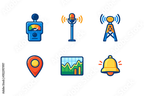 A set of six colorful flat icons on a black background including a meter, a microphone, a signal tower, a location pin, a data chart, and a ringing notification bell.